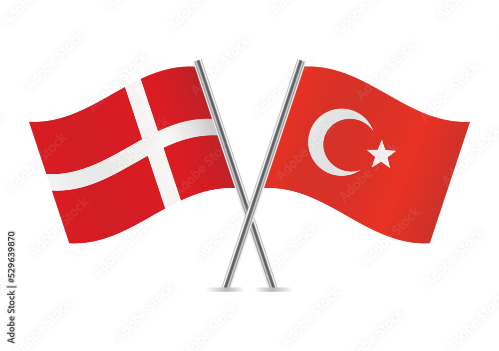 Denmark and Turkey crossed flags. Danish and Turkish flags on white background. Vector icon set. Vector illustration.