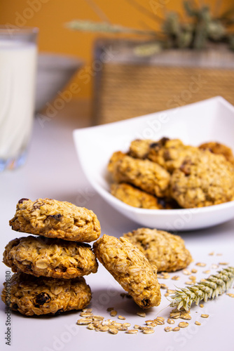 oatmeal cookies on a colored background,milk