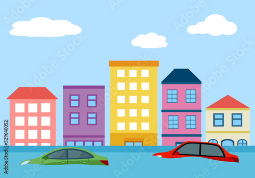 A flood in big city with floating cars in flat design.