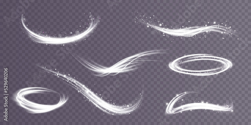 Set of abstract light lines of movement and speed. White. Bright galaxy. Glowing podium. Space tunnel. Light everyday glowing effect. semicircular wave, light vortex wake. bright spiral