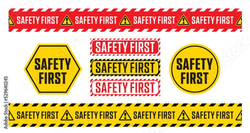 Banner safety first. Seamless tape, danger. Yellow police line. Danger warning. safety first, tape isolated on white background. safety first logo vector eps