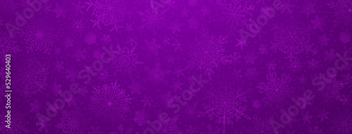 Background of complex big and small Christmas snowflakes in purple colors. Winter illustration with falling snow