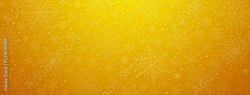 Background of complex big and small Christmas snowflakes in yellow colors. Winter illustration with falling snow