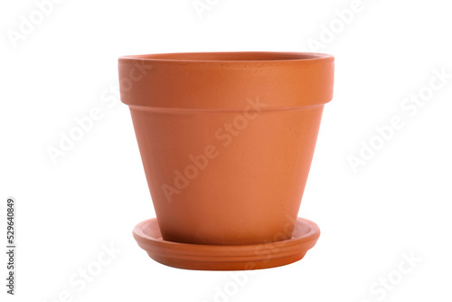 Obraz na plátně Single brown clay flower pot with saucer isolated on a transparent background