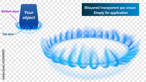 Translucent blue flames of natural gas, consisting of two layers - top and bottom. Kitchen gas burner. For use on on light background