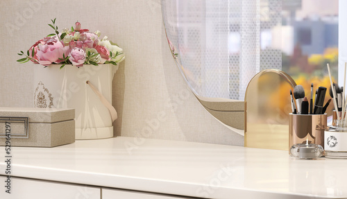 Print op canvas Realistic 3D render for Kbeauty products display backdrop, blank empty space on ivory beige elegance dressing table with round mirror, beautiful pink roses in luxury bucket bouquet, Jewelry box