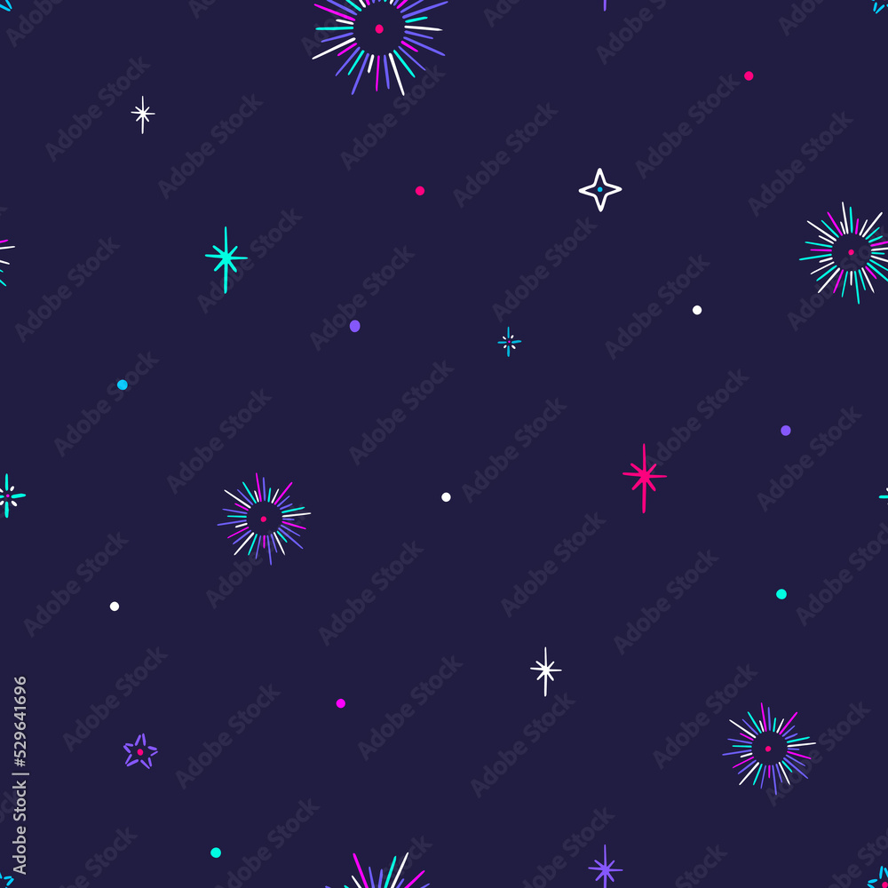 Seamless vector pattern with colorful stars on blue background. Space background.