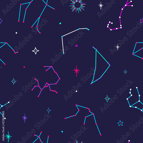 Seamless vector pattern with colorful zodiacal constellations on blue background. Zodiac signs. Space background.