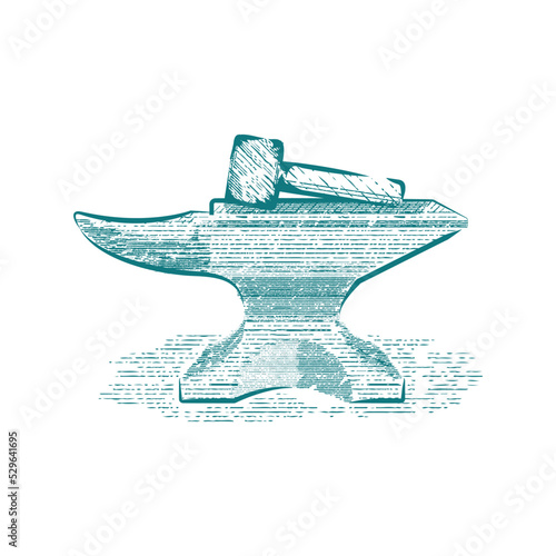 An illustration of anvil and a hammer drawn in a sketch style 