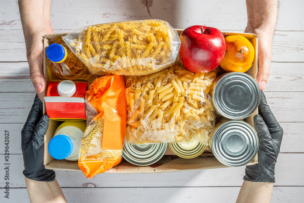 Obraz Help Collection Center, Free Food Distribution. Volunteering, food donation box grocery set for in-need people