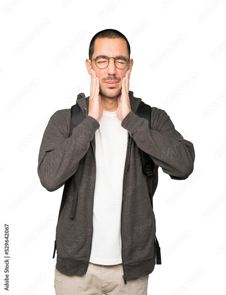 Concerned student doing a gesture of relief Concerned student doing a gesture of relief