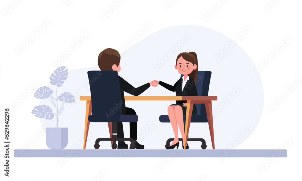 Two business people men and women shaking hands