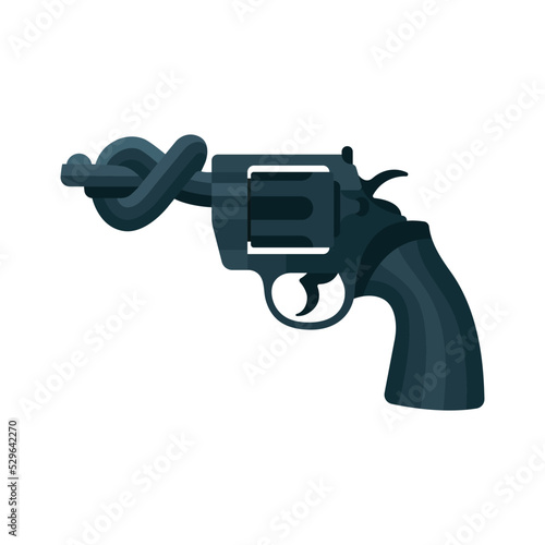 Revolver with a knotted barrel. Revolver barrel tied in knot. Gun barrel twisted in a simple knot. Stop war and violence concept illustration. Part of set.