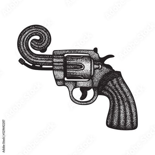 Revolver with a knotted barrel. Revolver barrel tied in knot. Gun barrel twisted in a simple knot. Stop war and violence concept illustration. Part of set.