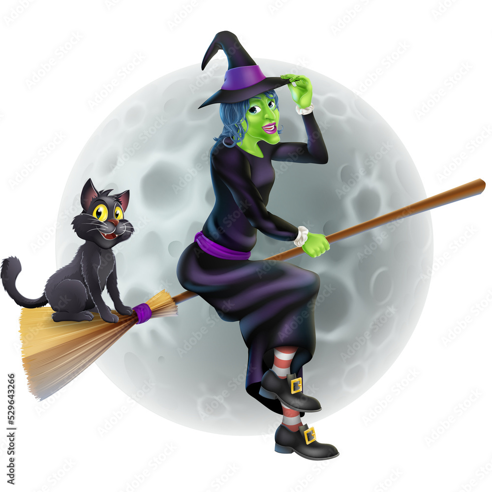 Witch flying on broom and night sky Stock Illustration | Adobe Stock