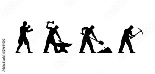 hard labor silhouette vector illustration. Different occupations illustrated. Sport, physical labor. Hard work. Blacksmith, miner, boxer, digger. Manly work