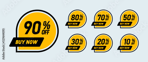 Discount label sticker collection. Buy now with 90, 80, 70, 50, 30, 20, 10 percent off special price.