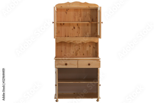 Retro style modern kitchen cabinet with open doors and shelves. Open doors of a wooden kitchen cabinet with shelves isolated on a white background.