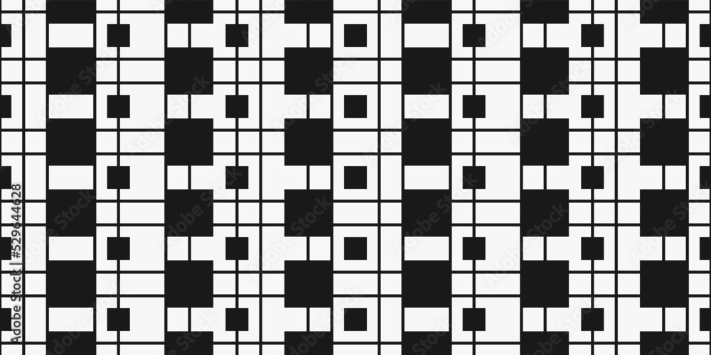 Grid of large and small black squares. Mesh vector seamless pattern.