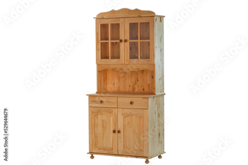 Wooden dining cabinet isolated on white background view sideways.