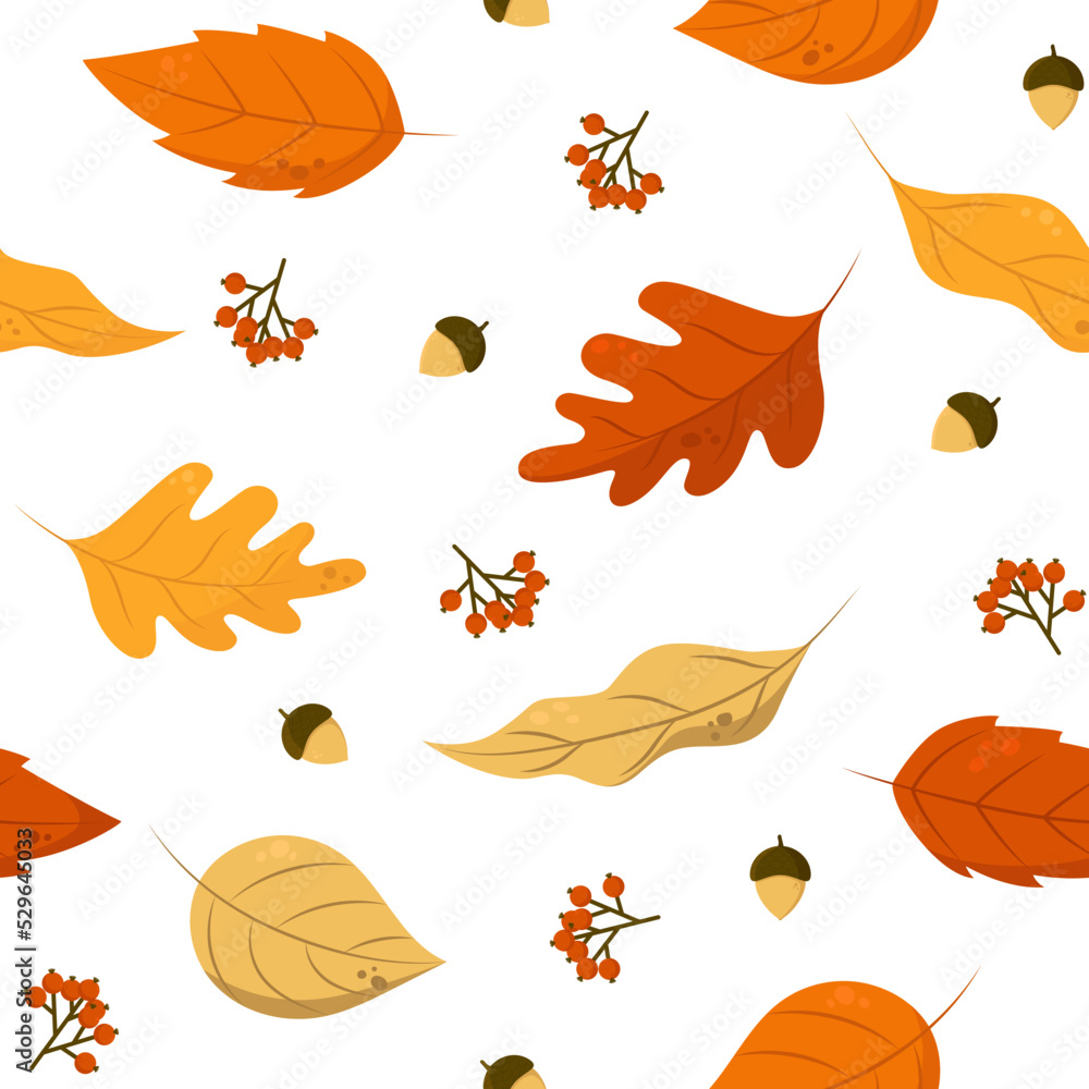 Fototapeta premium Autumn Leaves Seamless Pattern. Vector Illustration With Fallen Leaves, Acorns and Rowan. Perfect for Wrapping Paper, Packing, Textile, etc.