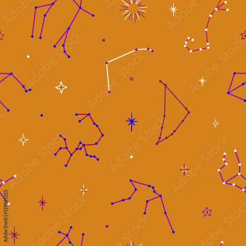 Seamless vector pattern with colorful zodiacal constellations on yellow background. Zodiac signs. Space background.