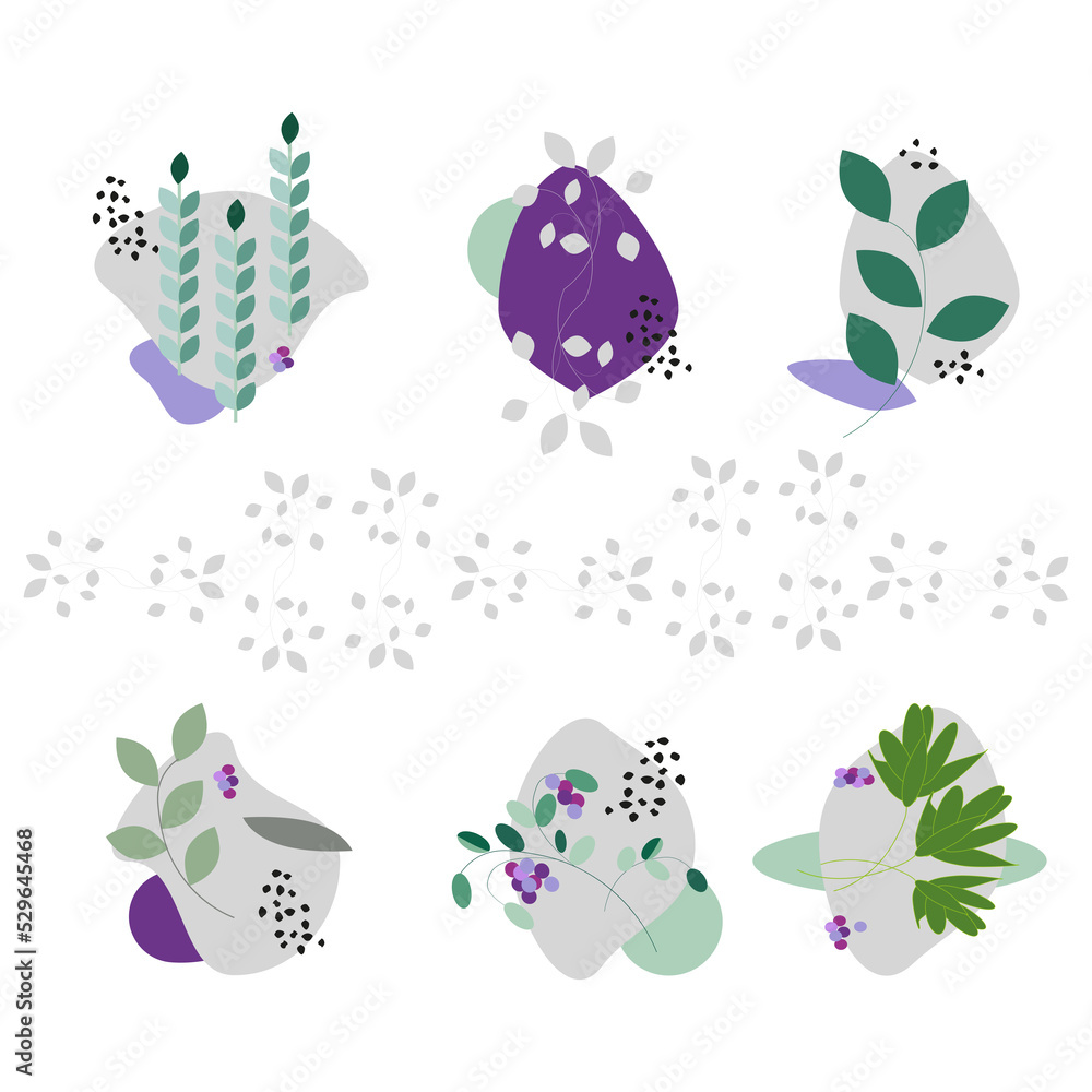 A set of abstract patterned compositions of green leaves and spots. A set of abstract patterned compositions of green leaves and spots.