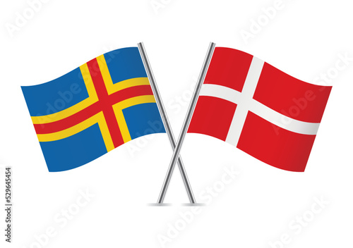 Aland Islands and Denmark crossed flags. Aland and Danish flags on white background. Vector icon set. Vector illustration. 