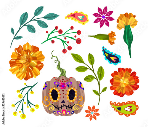Vector illustration. Die de los muertos. The day of the Dead, Mexican holiday, festival, print on t-shirt, handmade, banner and card