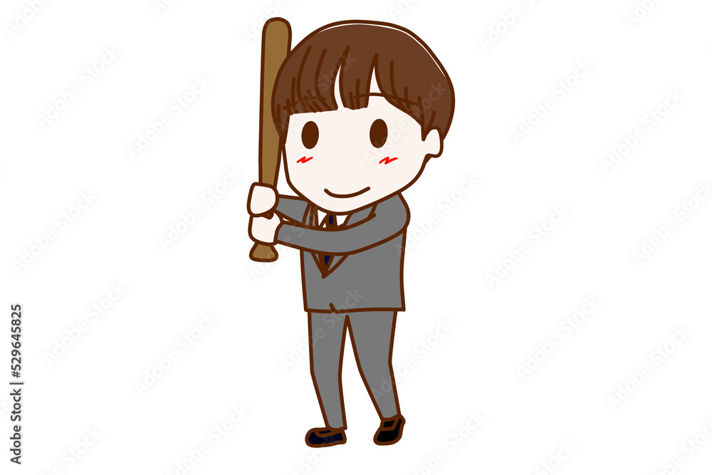 （全身斜め）バットを持って構え野球を楽しんでいる男子学生