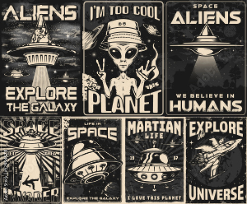 Aliens set monochrome flyers vintage
