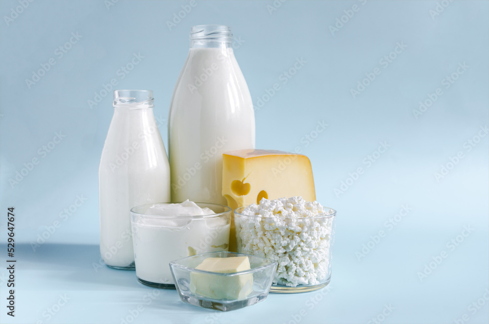 Background with dairy products. Milk, kefir, sour cream, cheese, butter and cottage cheese in a glass container on a light background close-up. Background with dairy products. Milk, kefir, sour cream, cheese, butter and cottage cheese in a glass container on a light background close-up.