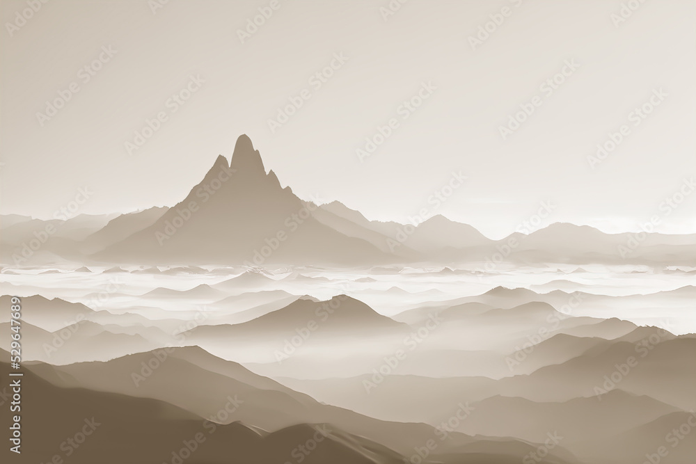 Beautiful mountain landscape. Panorama of silhouettes of mountains in the fog. Monochrome flat illustration for backgrounds, wallpapers, photo wallpapers, murals, posters.
