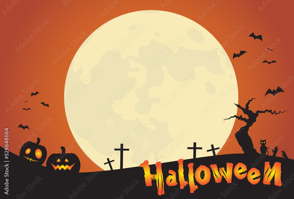 Halloween night background with full moon, pumpkins and bats, black cat, spiderweb, death tree, zombie hands illustration