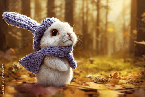 cute fluffy bunny picking mushrooms in the autumn forest