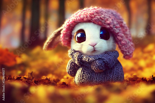 cute fluffy bunny picking mushrooms in the autumn forest © barinovalena