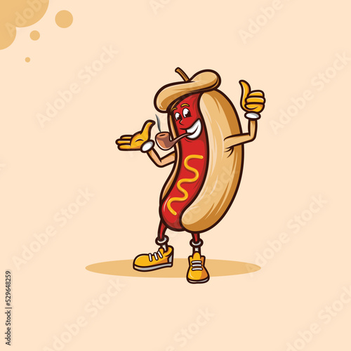 Cute hotdog smiling and smoking pipe with thumbs up mascot logo design template.