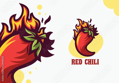 Hot red chili pepper cartoon with burning flames mascot illustration logo. modern and clean icon design for Mexican or Italian food or restaurant business