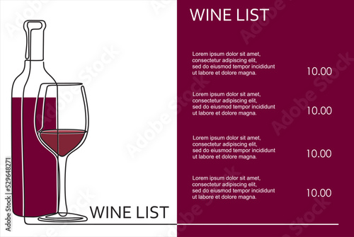 Wine list. Continuous line one drawing of wine bottle with wineglass. Illustration with quote template. Can used for logo, emblem, slide show and banner. photo