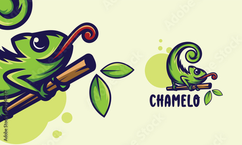  lizard chameleon on the tree branch cartoon premium vector illustration