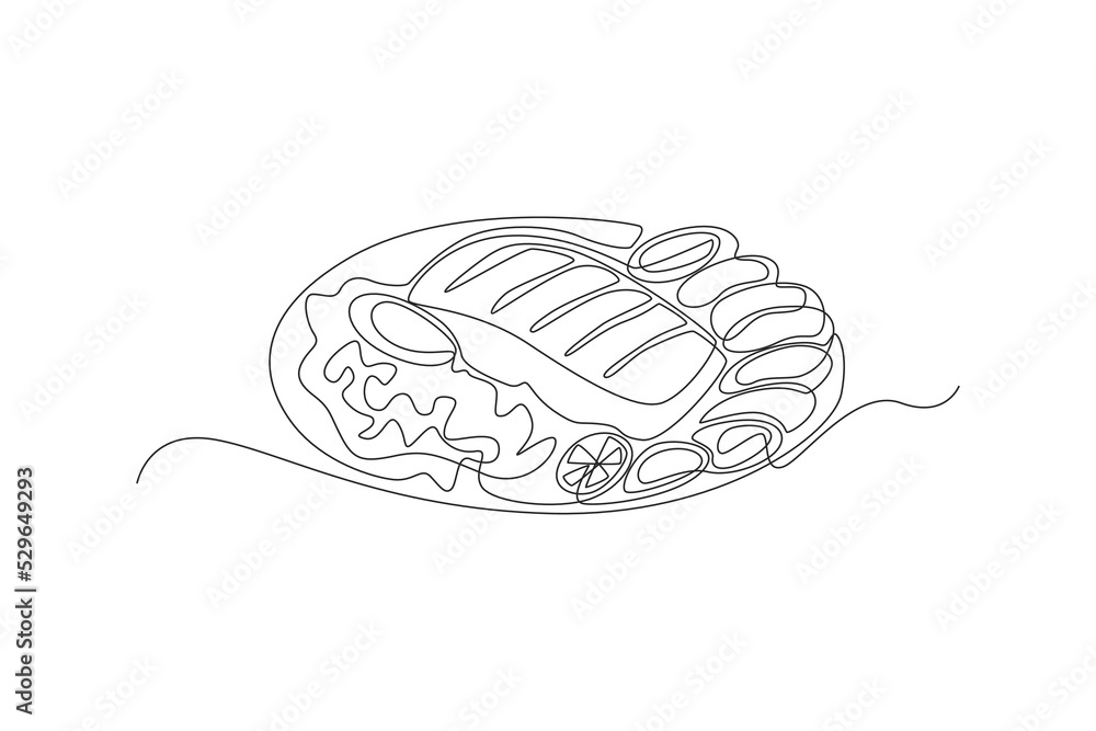 Fototapeta premium Single one line drawing meat on plate. Thanks giving concept. Continuous line draw design graphic vector illustration.