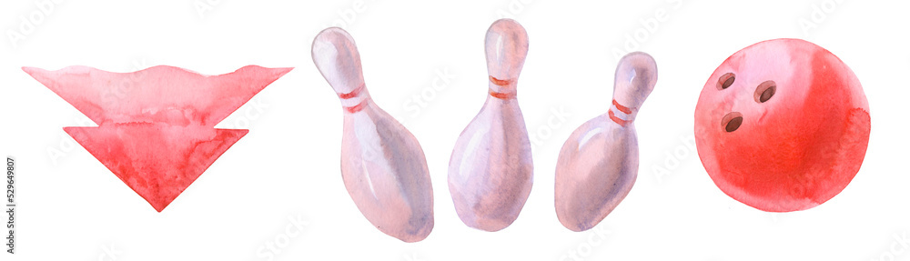 Bowling and skittles with a ball, arrow watercolor illustration, hobby Bowling and skittles with a ball, arrow watercolor illustration, hobby