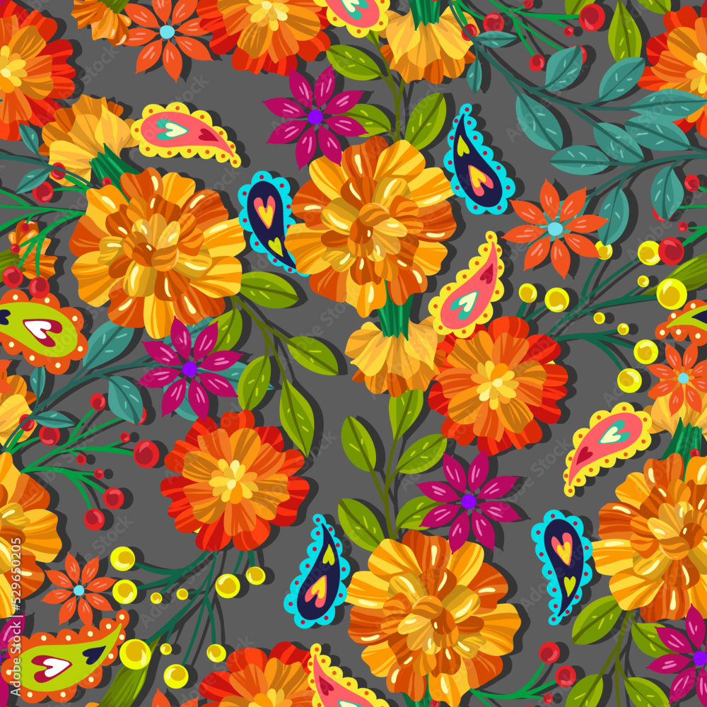 Vector illustration. Die de los muertos. The day of the Dead, Mexican holiday, festival, seamless pattern, grey background Vector illustration. Die de los muertos. The day of the Dead, Mexican holiday, festival, seamless pattern, grey background