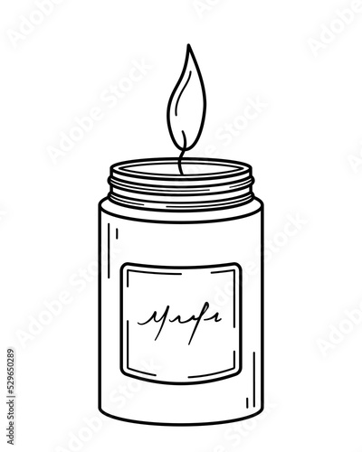 Burning aroma candle in glass jar. Modern decor for home, aromatherapy, relaxation. Hand drawn sketch icon. Isolated vector illustration in doodle line style.