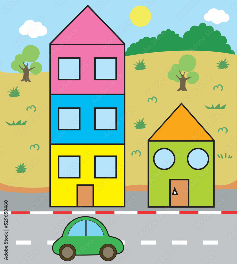 cartoon house shapes with trees and car