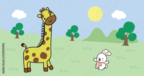 funny giraffe and rabbit in nature vector illustration
