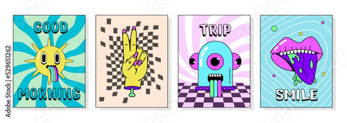 Groovy cards. Comic flower characters. Psychedelic mushrooms. Retro 70s summer posters set. Crazy y2k love. Peace gestures. Lips with tongue. Rainbow vomit. Vector cartoon background