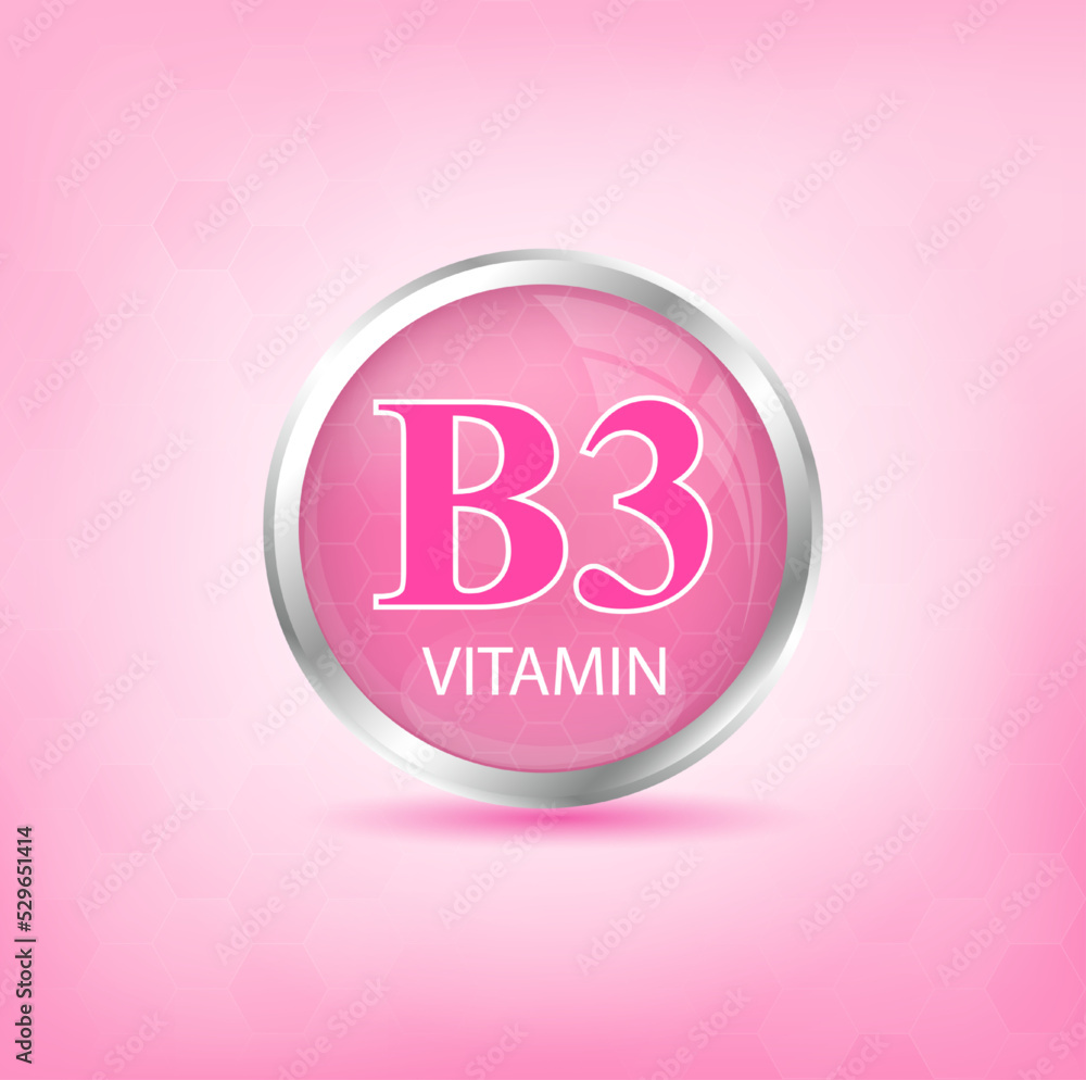 Vitamin B3 icon structure pink substance. Personal care, beauty concept. Medicine health symbol of thiamine. Drug business concept. Vector Illustration. 3D Vitamin complex with chemical formula. Vitamin B3 icon structure pink substance. Personal care, beauty concept. Medicine health symbol of thiamine. Drug business concept. Vector Illustration. 3D Vitamin complex with chemical formula.