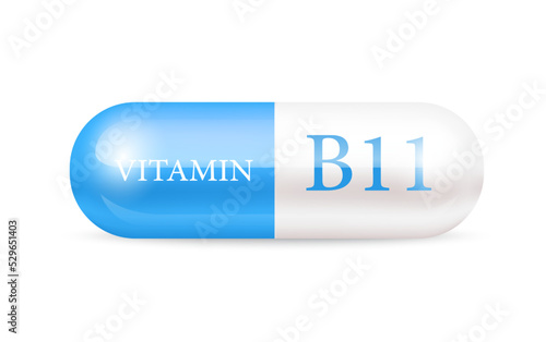 Capsule vitamin B11 (Thiamine) structure Blue, white. 3D Vitamin complex with chemical formula. Personal care, beauty concept. Vector Illustration. transparent capsule pill. Drug business concept.