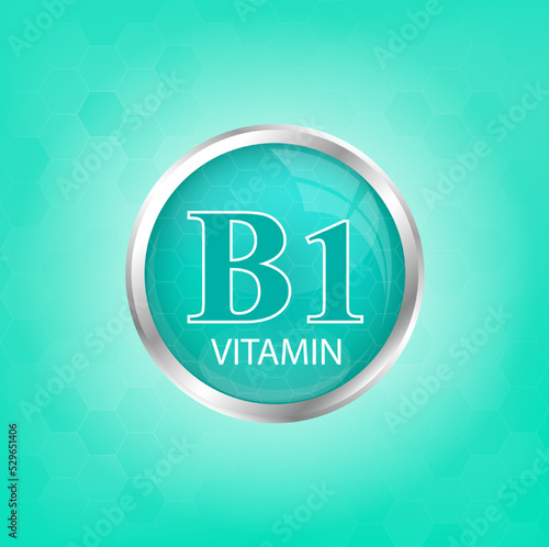 Vitamin B1 icon structure light green substance. Personal care, beauty concept. Medicine health symbol of thiamine. Drug business concept. Vector Illustration. 3D Vitamin complex with chemical formula